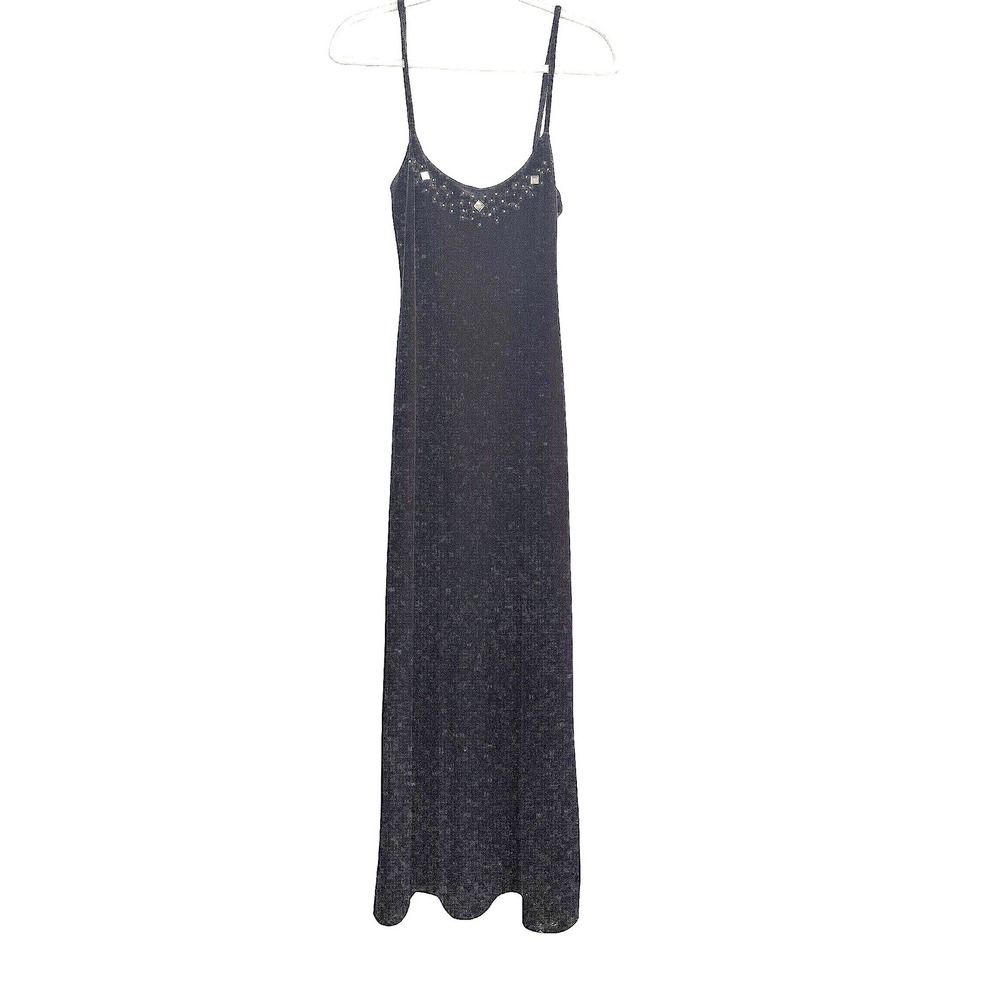 Betsey Johnson Gown Black Velvet Rhinestone Embellished Maxi Dress Size S